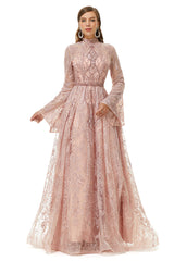 Pink Tulle Appliques High Neck Long Sleeve Beading Prom Dresses