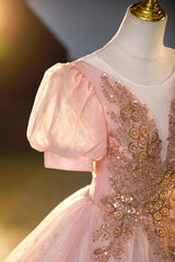 Pink Tulle Beaded Long Ball Gown, A-Line Prom Dress, Pink Sweet 16 Dress