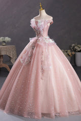 Pink Tulle Long A-Line Prom Dress with Lace, Off Shoulder Sweet 16 Dress