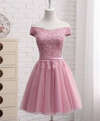 Pink Tulle Long Party Dress , Cute Off Shoulder Bridesmaid Dresses