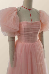 Pink Tulle Midi Dress with Short Puffy Sleeves