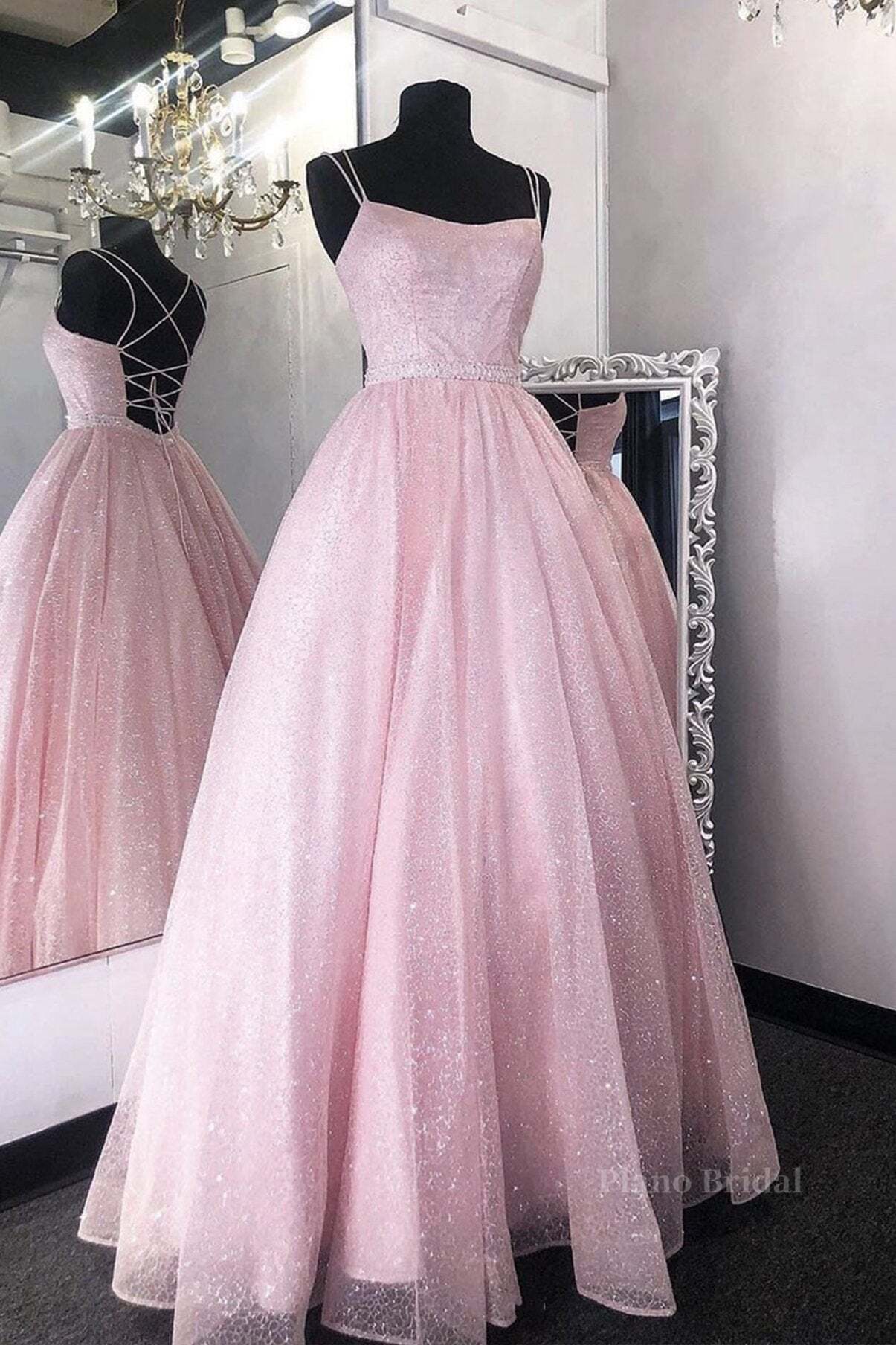 Pink tulle sequin long prom dress pink tulle formal dress