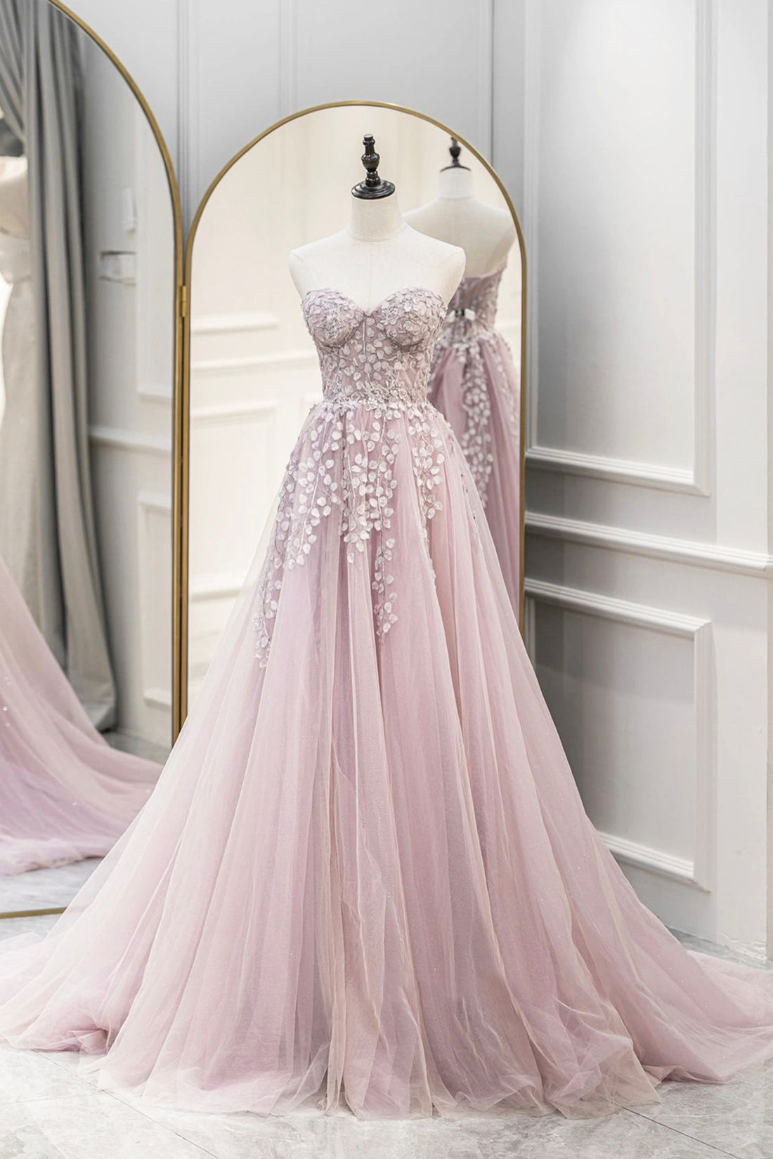 Pink Tulle Sweetheart Long Party Dress, A-Line Prom Dress