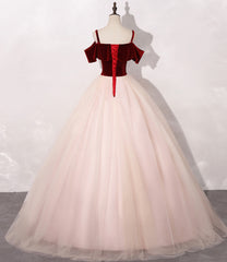 Pink Tulle with Velvet Top Long Party Dress Prom Dres, Ball Gown Sweet 16 Dresses