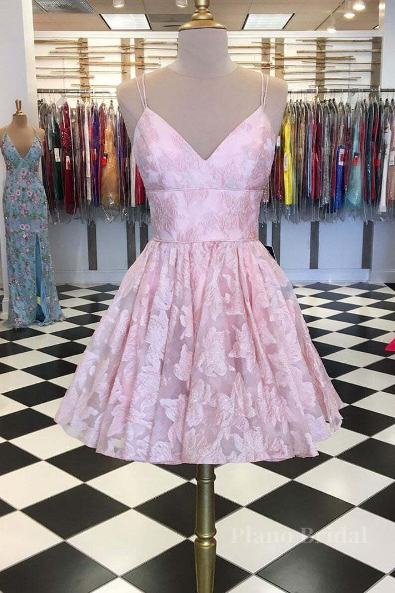 Pink v neck lace short prom dress, pink lace homecoming dress