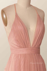 Plunge Pink Tulle A-line Long Formal Dresss