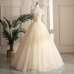 Pretty Tulle Champagne Off Shoulder  Prom Dress, Flowers Lace Formal Dress
