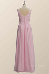 Princess Pink Pleated V Neck Long Bridesmaid Dress