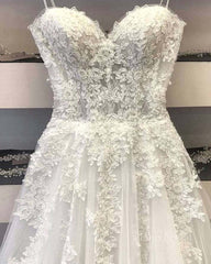 Princess Sweetheart Neck White Lace Prom Wedding Dresses, Ivory Lace Formal Dresses, White Evening Dresses