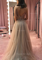 Princess V Neck Court Train Tulle Prom Dress With Appliqued Beading