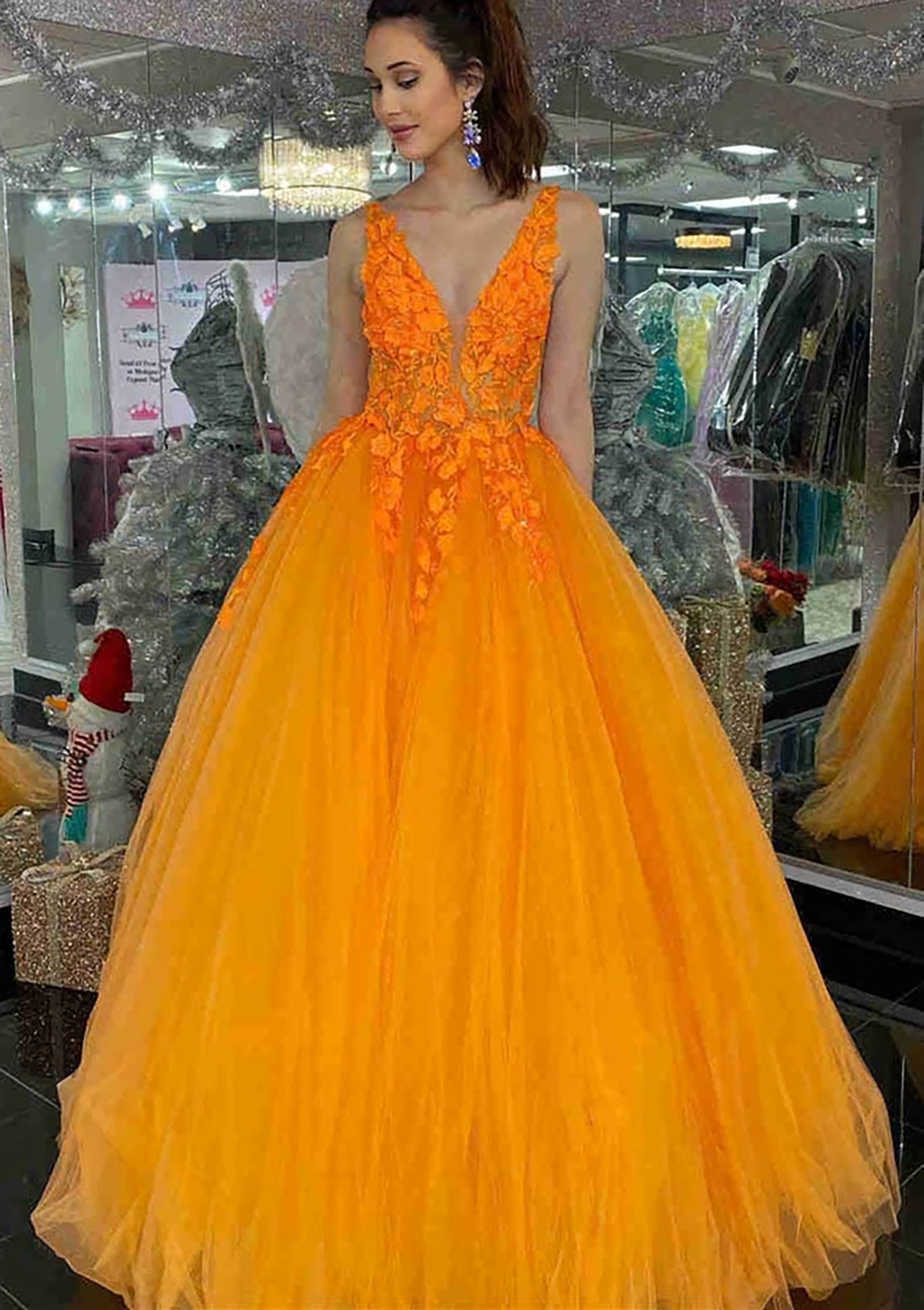 Princess V Neck Long Floor Length Tulle Prom Dress With Appliqued