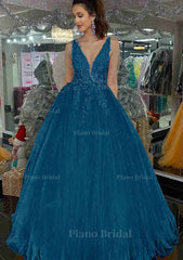 Princess V Neck Long Floor Length Tulle Prom Dress With Appliqued