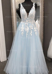 Princess V Neck Long Floor Length Tulle Prom Dress With Appliqued Lace