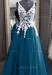 Princess V Neck Long Floor Length Tulle Prom Dress With Appliqued Lace