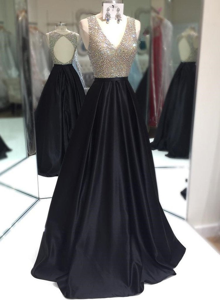 Elegant A-Line/Princess Satin Black Beaded V Neck 2024 Prom Dresses
