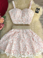 Adorable Two Piece A Line Lace Short Short Homecoming Dresses