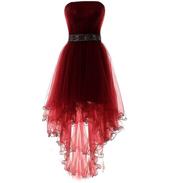 Dark Wine Red Tulle Sleeveless Asymmetry High Low Beaded Prom Dresses