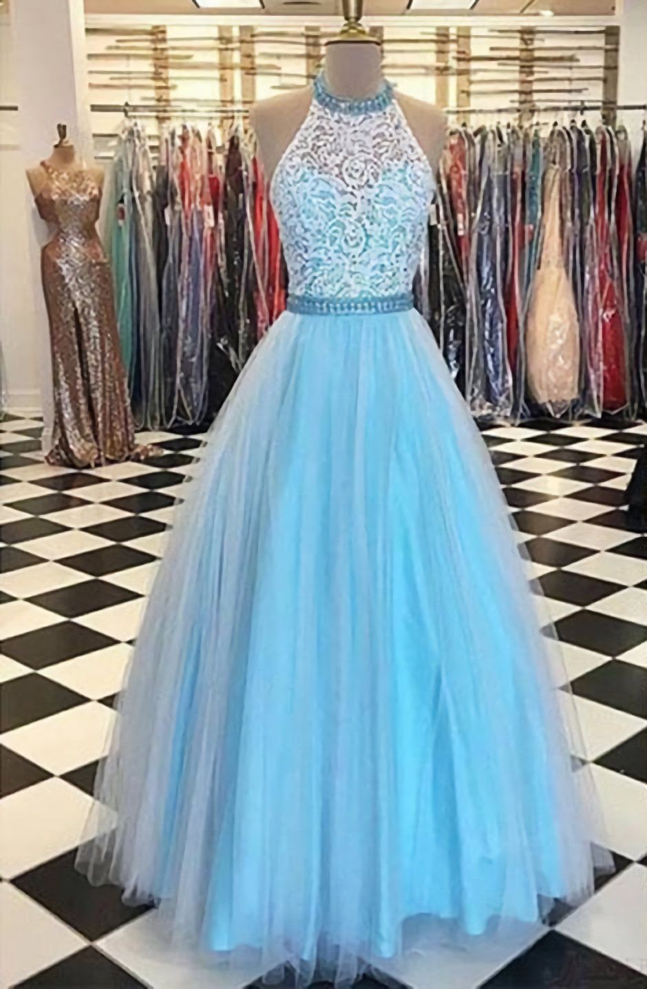 Prety Halter Long Lace Tulle Beding Light Blue For Teens Elegant Prom Dresses