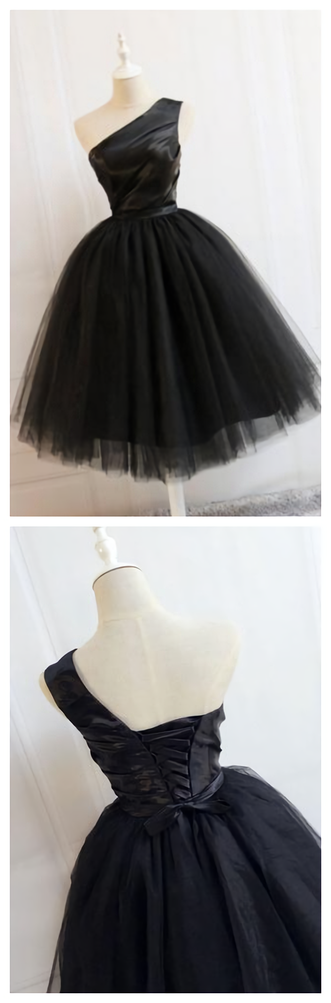 Black One Shoulder Short Black Tulle Homecoming Dresses