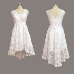 Vintage Ivory Lace Front Short Long Back Beach V Neck High Low Short Outside Cheap Wedding Dresses