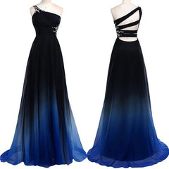 One Shoulder Navy Blue Royal Blue Ombre Gradient Color Chiffon Long Ombre For Sweet 16 Prom Dresses