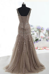 Mermaid Lace Up Brown Tulle Modest Beading V Neck Prom Dresses