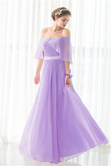 Purple Chiffon Off The Shoulder Long Bridesmaid Dresses