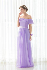 Purple Chiffon Off The Shoulder Long Bridesmaid Dresses
