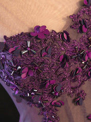 Purple Floral Long Lace Prom Dresses, Purple Floral Long Lace Formal Evening Dresses