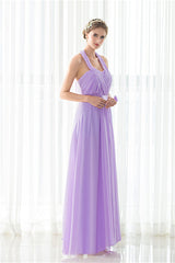 Purple Halter Chiffon Backless Pretas Vestidos de dama de honra longa