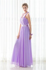 Purple Halter Chiffon Backless Pretas Vestidos de dama de honra longa