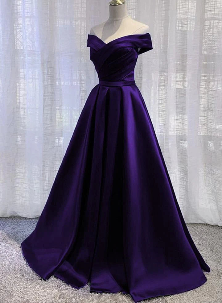 Purple Satin Off Shoulder Long Prom Dress, A-line Simple Purple Formal Dress