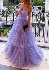 Purple Tulle A-line Spaghetti Straps Prom Dresses, Long Formal Dress,dresses for party events