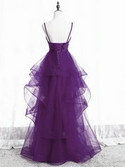 Purple Tulle Layers with Lace Long Evening Dresses, Purple Prom Dress Party Dresses