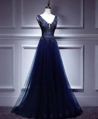Dark Blue Lace V Neck Long Prom Dress, Lace Evening Dress