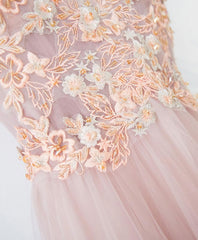 Pink V Neck Lace Long Prom Dress, Cheap Evening Dress