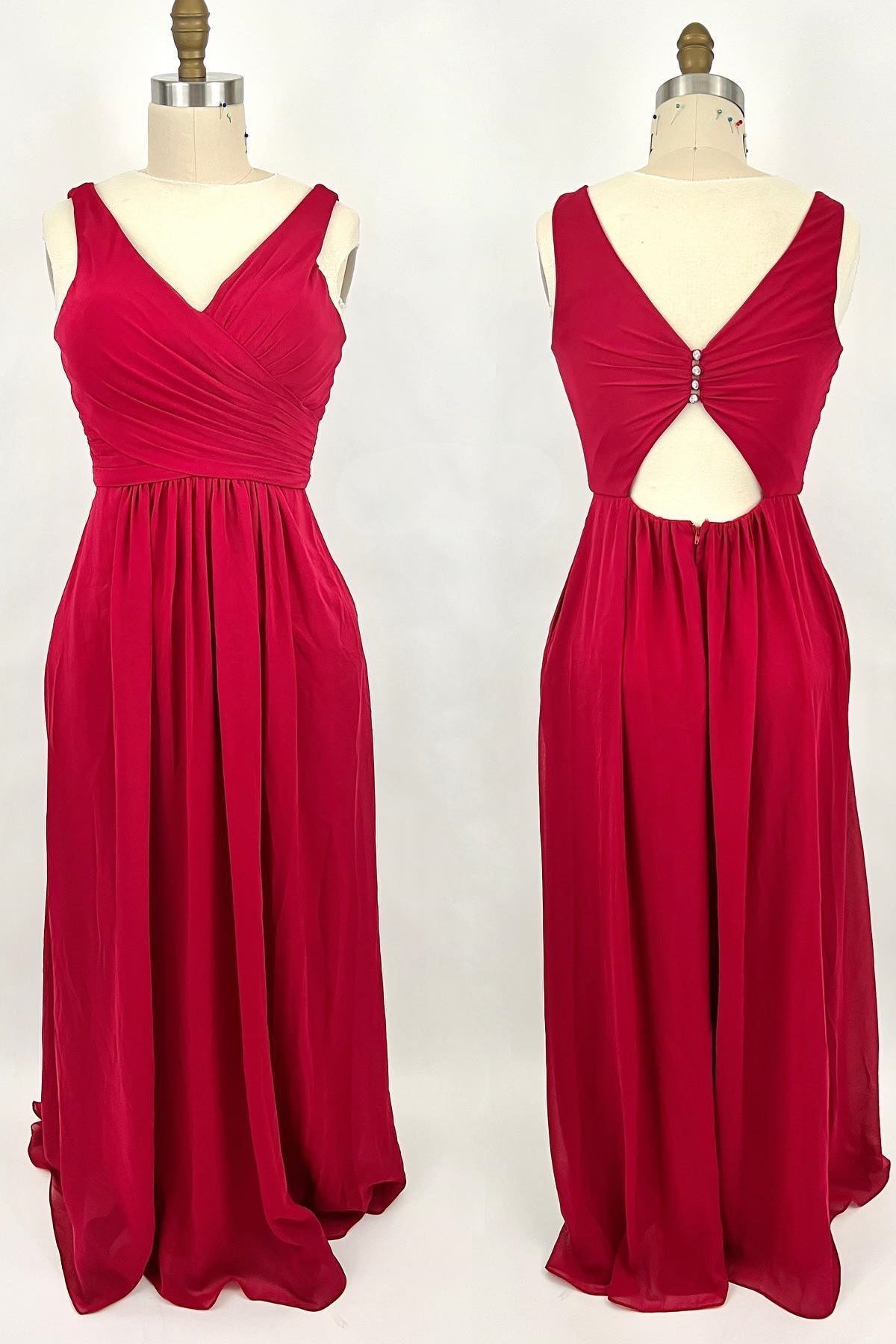 Ruched Red V Neck A-line Long Bridesmaid Dress