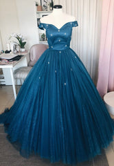 Blue Tulle Long A-Line Prom Dresses, Off the Shoulder Evening Dresses