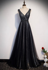 Black V-Neck Tulle Long Prom Dresses, A-Line Evening Dresses