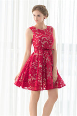 Red A-line Sleeveless Short Lace Homecoming Dresses