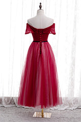 Red Folded Off-the-Shoulder Beaded Tea Length Formal Dress
