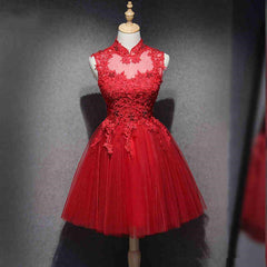 Red Lace High Neckline Tulle Short Homecoming Dress Party Dress, Red Formal Dresses