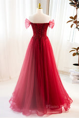 Red Off-Shoulder Beaded A-line Tulle Long Prom Dress