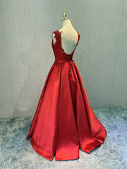 Red Satin V-neckline Floor Length Prom Dress, Backless Red Party Dress