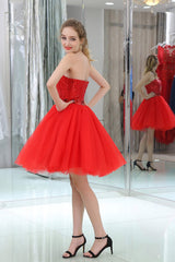 Red Sequined Tulle Strapless Homecoming Dresses