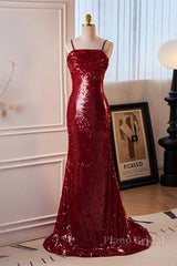 Red Sequins Mermaid Straps Lace-Up Long Prom Dress
