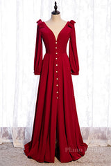 Red V Neck Long Sleeves Lace-Up Back Maxi Formal Dress with Bows