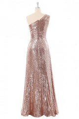 Rose Gold Sequin One Shoulder Long Bridesmaid Dress