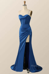 Royal Blue Mermaid Straps Long Dress with Slit