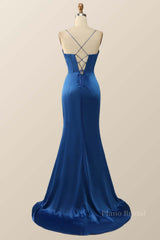 Royal Blue Mermaid Straps Long Dress with Slit